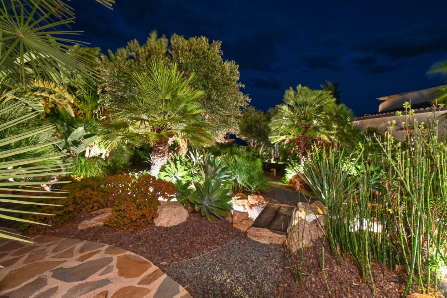 Jardín mediterráneo iluminado de noche con palmeras, agaves y un sendero de grava con un pequeño puente de madera entre rocas decorativas.