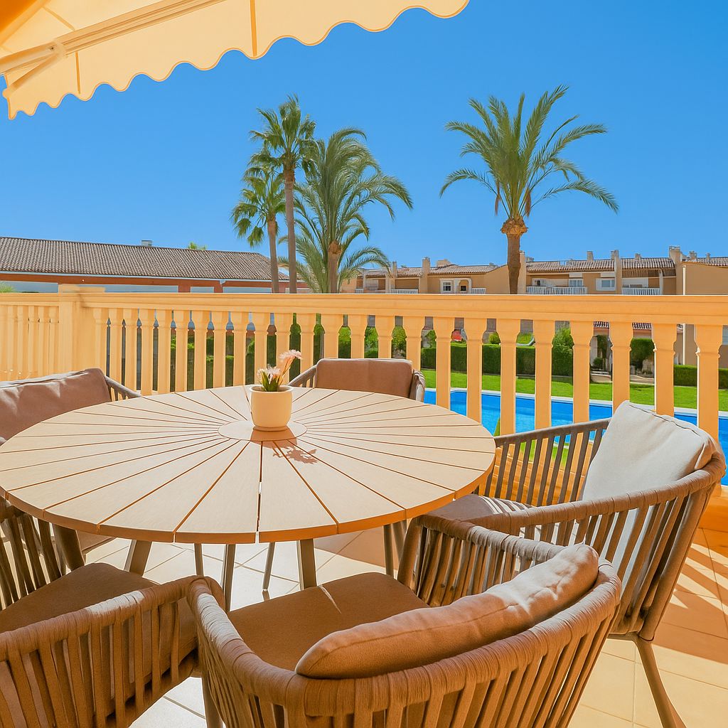 Terraza con mesa circular de madera y sillas de cuerda trenzada, con vistas a la piscina comunitaria y palmeras. Incluye un toldo extensible para sombra.