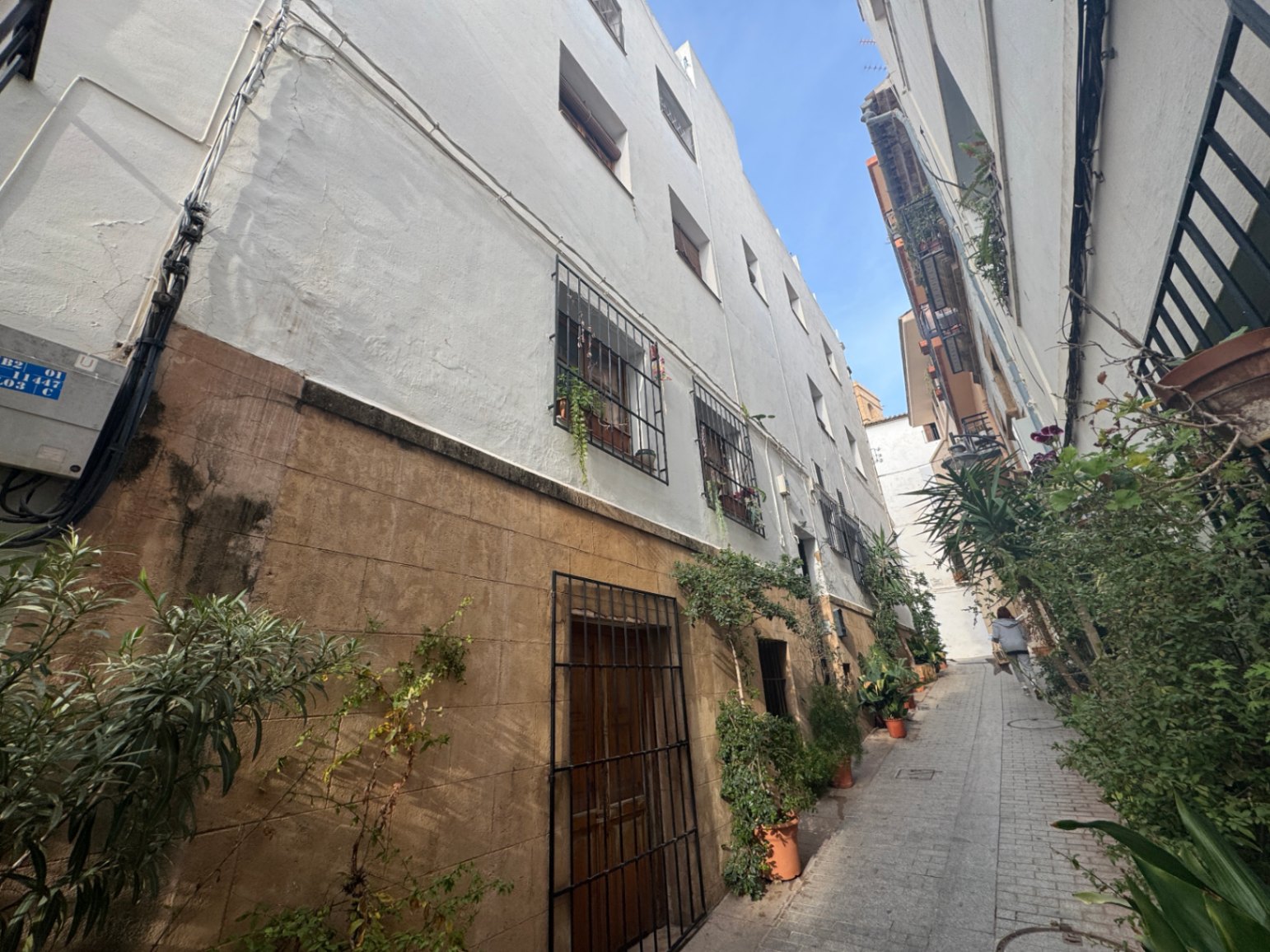 Callejón empedrado con fachada tradicional de cal blanca y zócalo de piedra, ventanas protegidas por rejas de forja y plantas ornamentales en macetas.