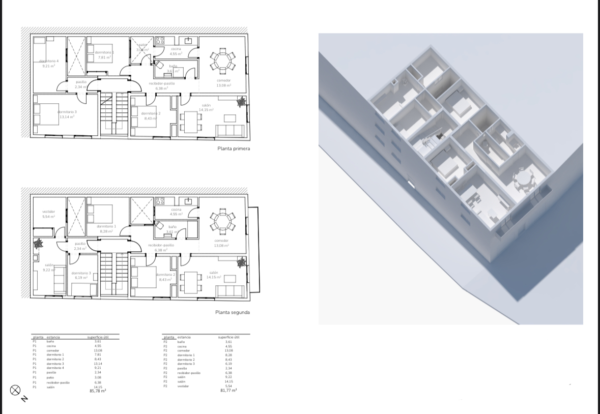 Planos arquitectónicos detallados y modelo 3D isométrico que muestran la distribución de dos plantas con dormitorios, zonas de estar diáfanas y una escalera central.