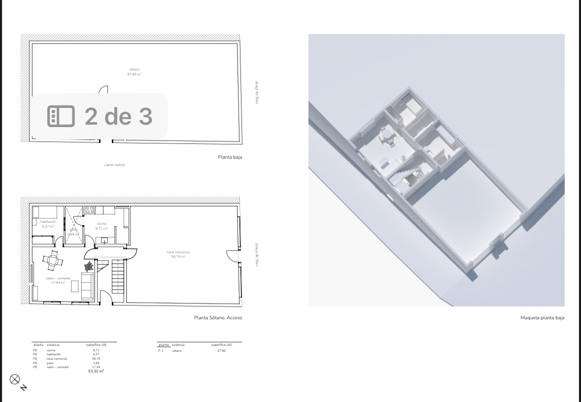 Planos técnicos y maqueta 3D que muestran la distribución de la planta baja con local comercial, salón-comedor, cocina y un amplio sótano diáfano de 97 m².