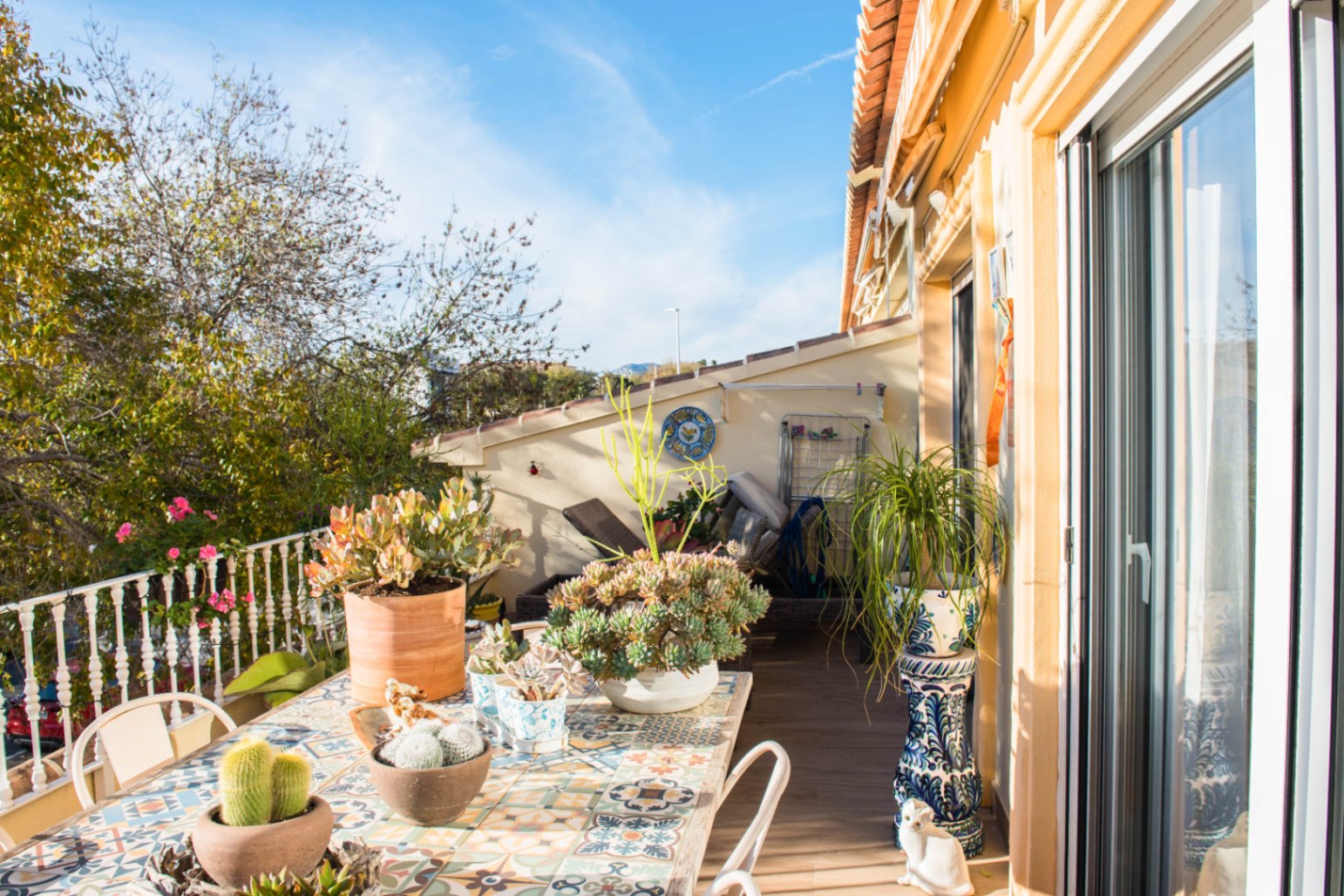 Terraza exterior con mesa de azulejos ornamentados, variada colección de cactus y suculentas, y acceso directo mediante puertas correderas.