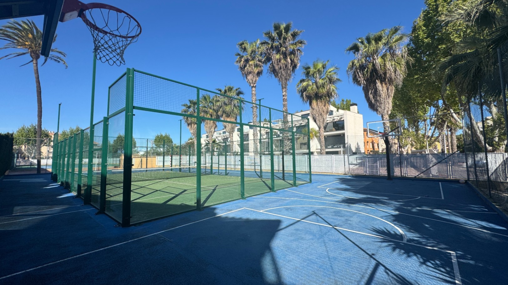 Zona deportiva exterior con pista de pádel de césped verde y cerramientos de vidrio, junto a una cancha de baloncesto azul rodeada de palmeras.