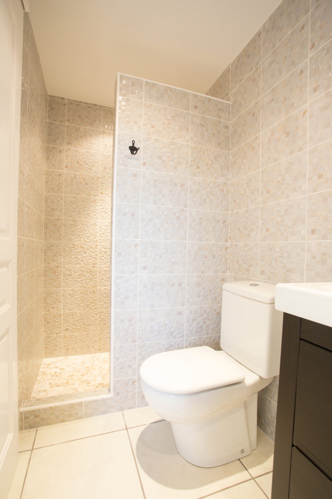 Baño con ducha de obra revestida en mosaico beige, inodoro blanco y mueble de lavabo en madera oscura.