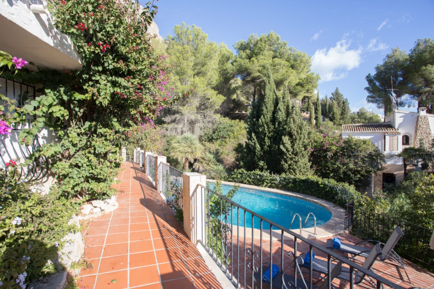 Terraza elevada con baldosas de terracota y barandilla de forja, con vistas a una piscina de forma riñonada rodeada de pinos y vegetación mediterránea.