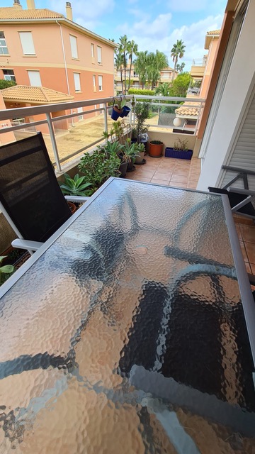 Terraza con suelo de baldosa de terracota, mesa de cristal texturizado y sillas de malla negra. Incluye diversas plantas suculentas y vistas al complejo residencial con palmeras.