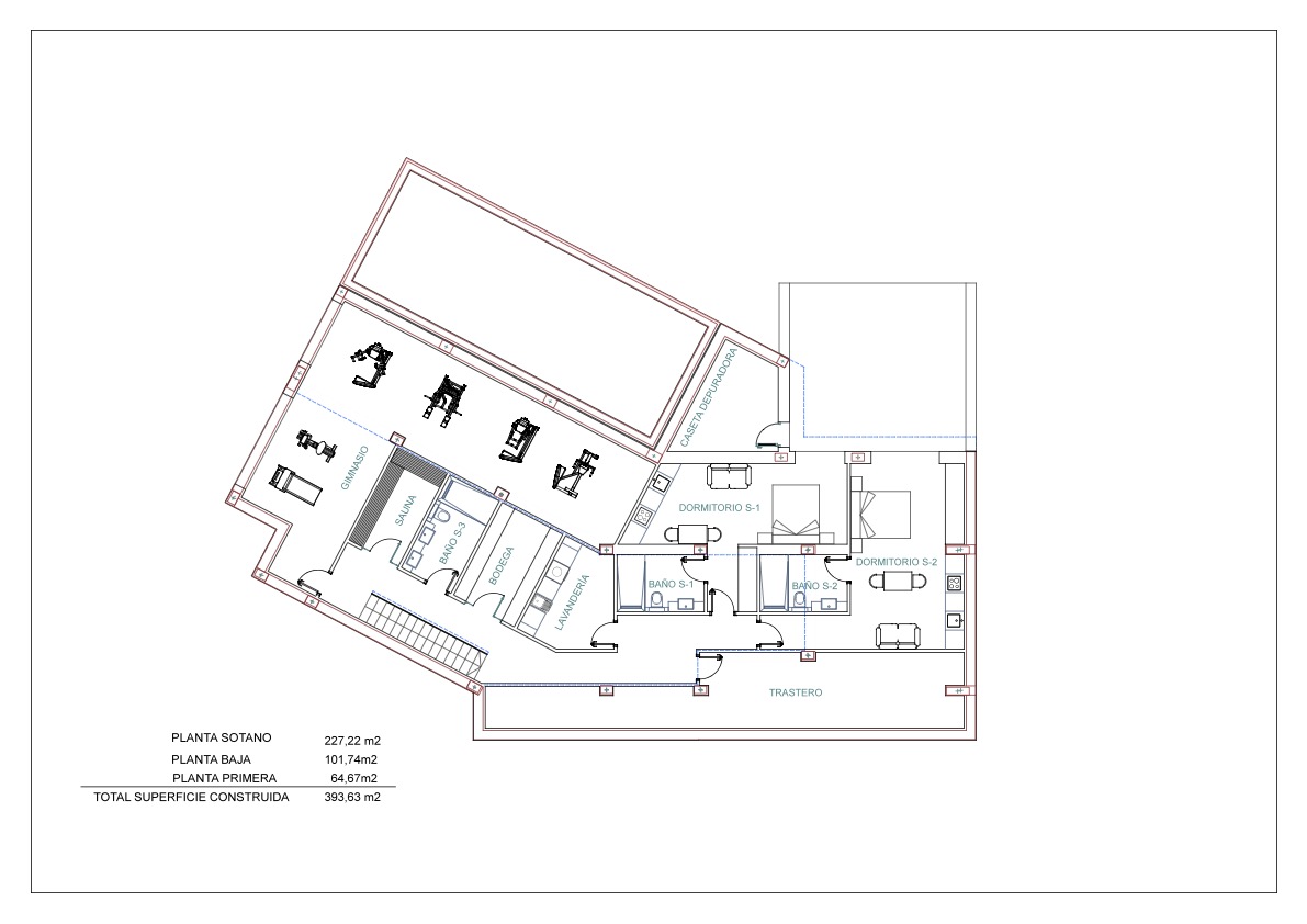 Plano técnico de la planta sótano que muestra un gimnasio privado, sauna, bodega, lavandería y dos dormitorios con baños integrados y zona de almacenaje.