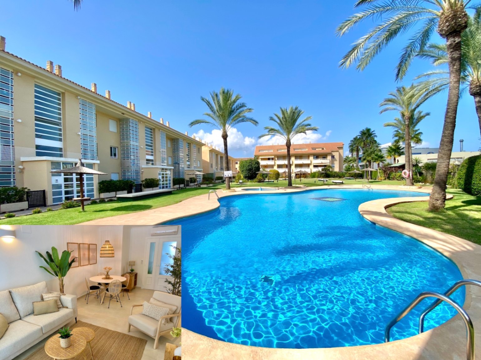 Piscina comunitaria de forma curva rodeada de césped y palmeras, junto a un salón-comedor luminoso con muebles de tonos neutros y detalles en fibras naturales.