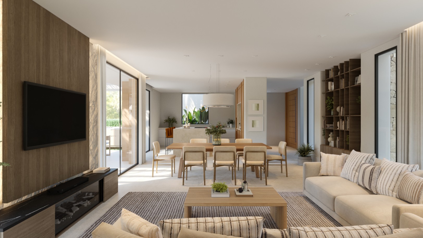 Salón de planta abierta con pared de TV panelada en madera, comedor para seis comensales y cocina moderna con isla de piedra. Grandes ventanales conectan con la terraza.