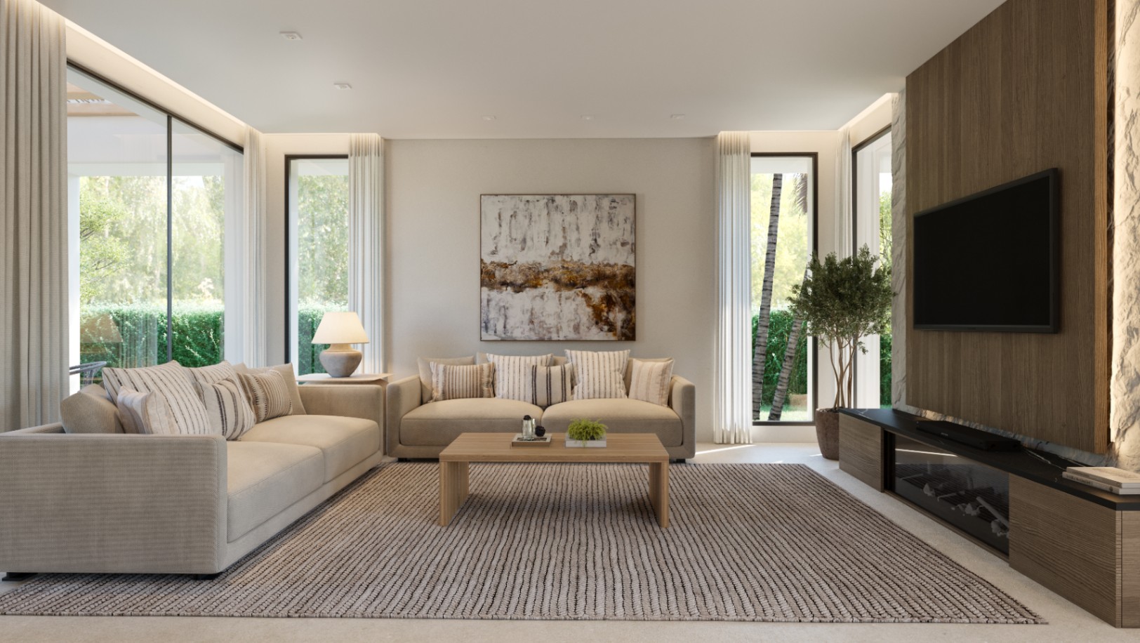 Salón moderno con sofás en tonos neutros, mesa de centro de madera y panel multimedia con chimenea integrada. Grandes ventanales conectan con el jardín exterior.