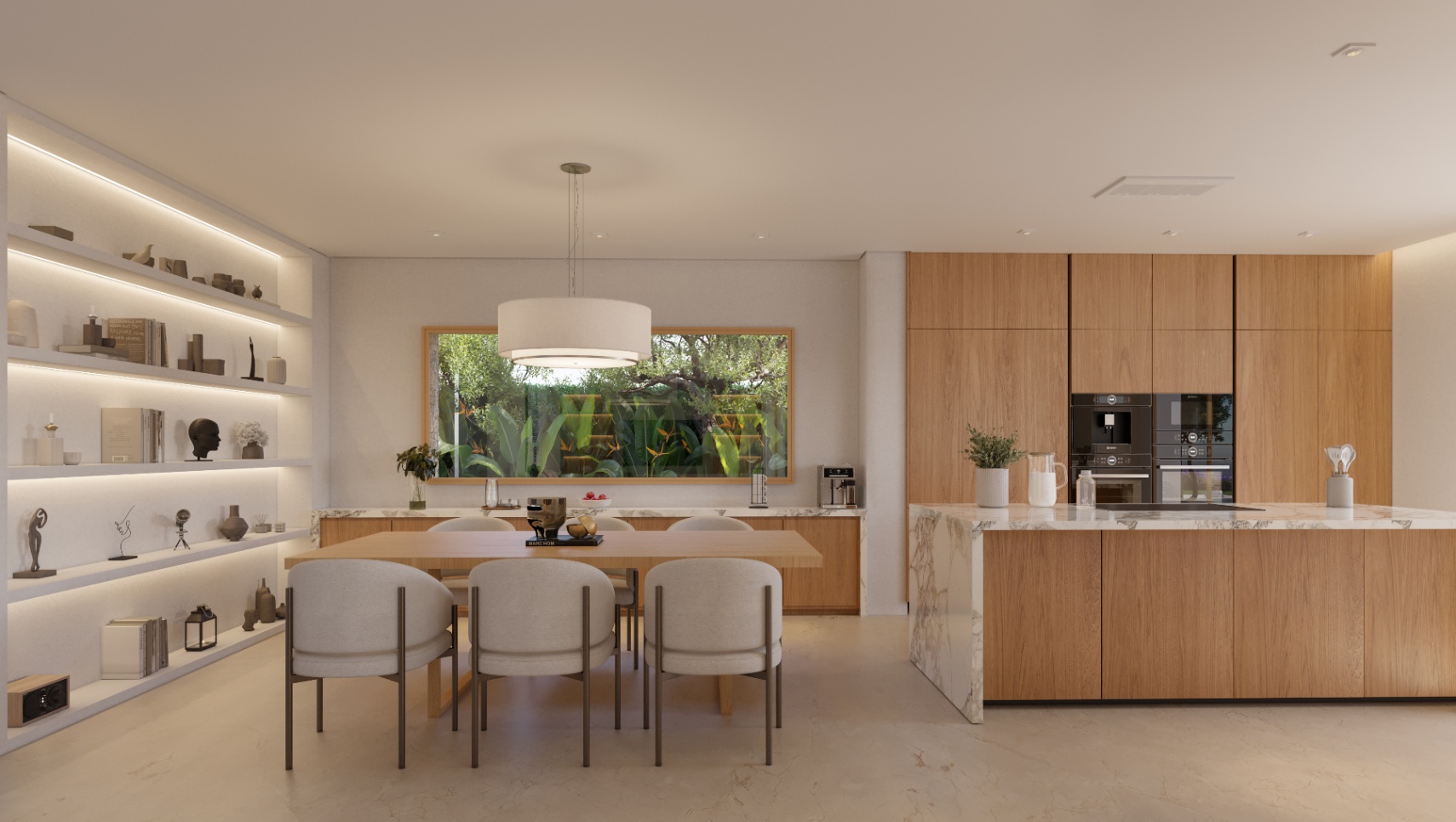 Cocina y comedor de planta abierta con isla de mármol, armarios de madera con electrodomésticos integrados y estanterías iluminadas junto a un ventanal panorámico.