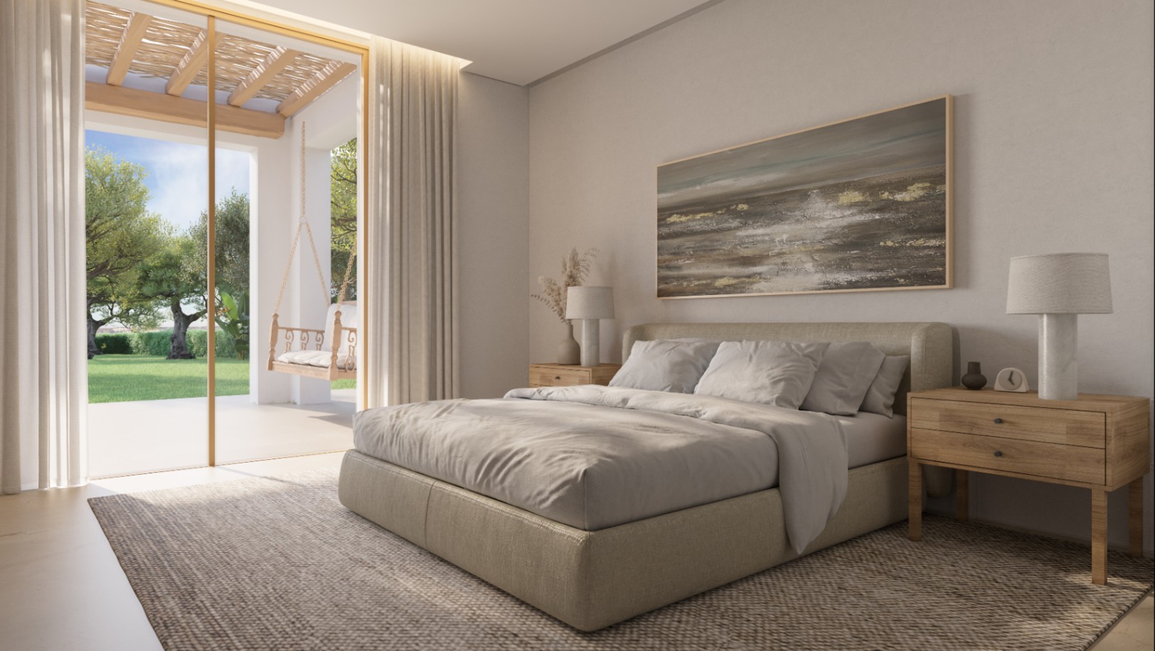 Dormitorio moderno con cama tapizada, mesitas de noche de madera y acceso directo a una terraza privada con columpio y vistas al jardín.