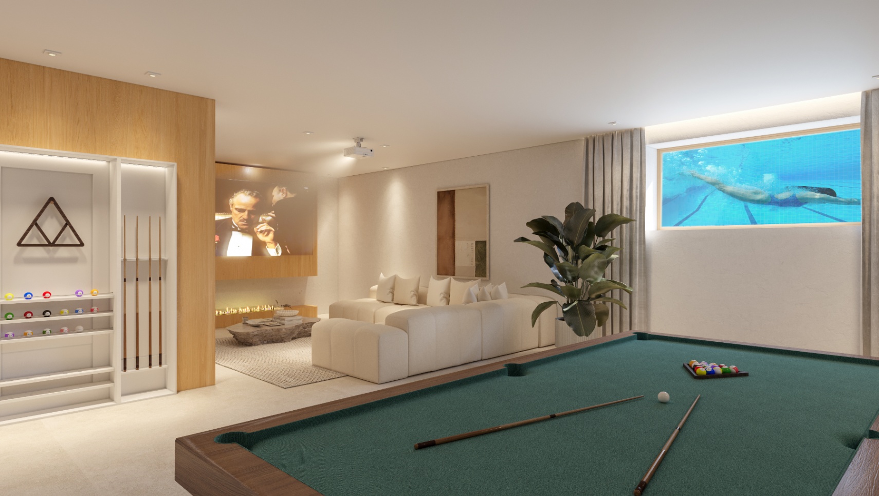 Sala de entretenimiento con mesa de billar, zona de cine con proyector y una ventana subacuática que ofrece vistas directas al interior de la piscina.