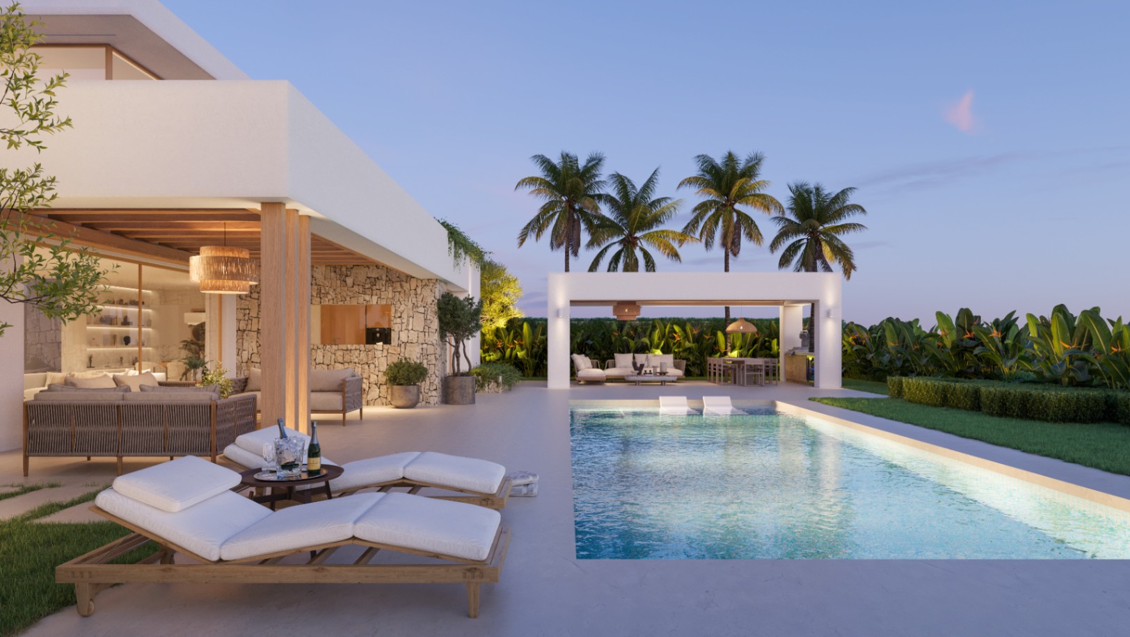 Zona exterior moderna con piscina rectangular, hamacas de madera y terraza cubierta con paredes de piedra natural e iluminación cálida al atardecer.