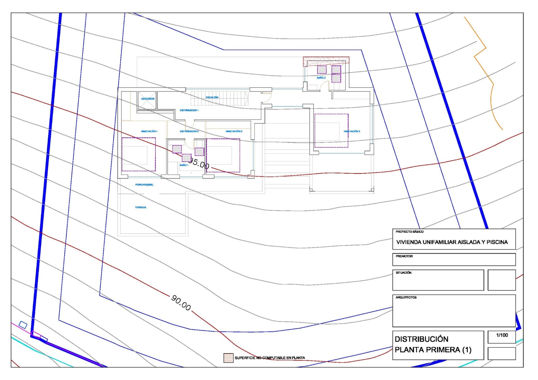 Plano arquitectónico detallado de la distribución de la primera planta, que incluye tres dormitorios, dos baños, ascensor y una amplia zona de terraza exterior.