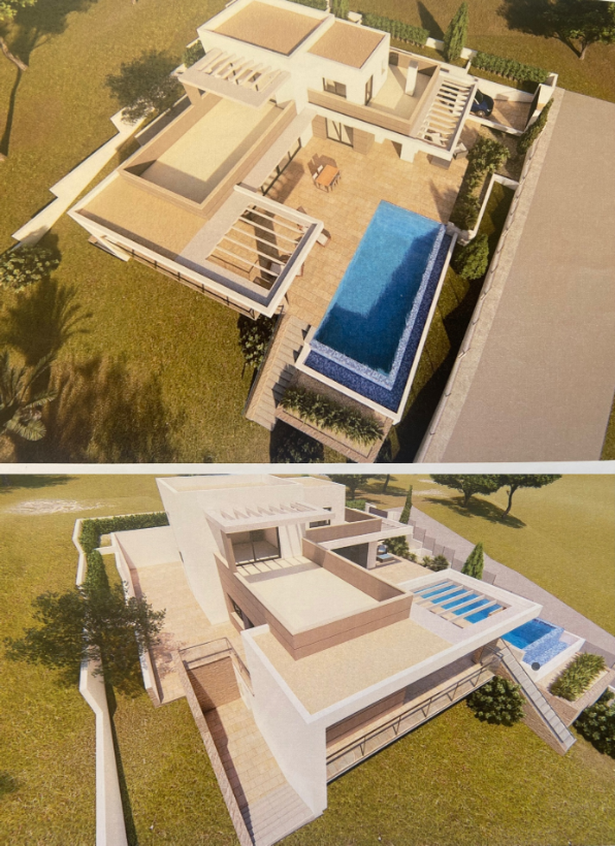 Renderizado arquitectónico de una villa moderna de varios niveles con piscina infinita, amplias terrazas de piedra y pérgolas integradas sobre un jardín paisajístico.
