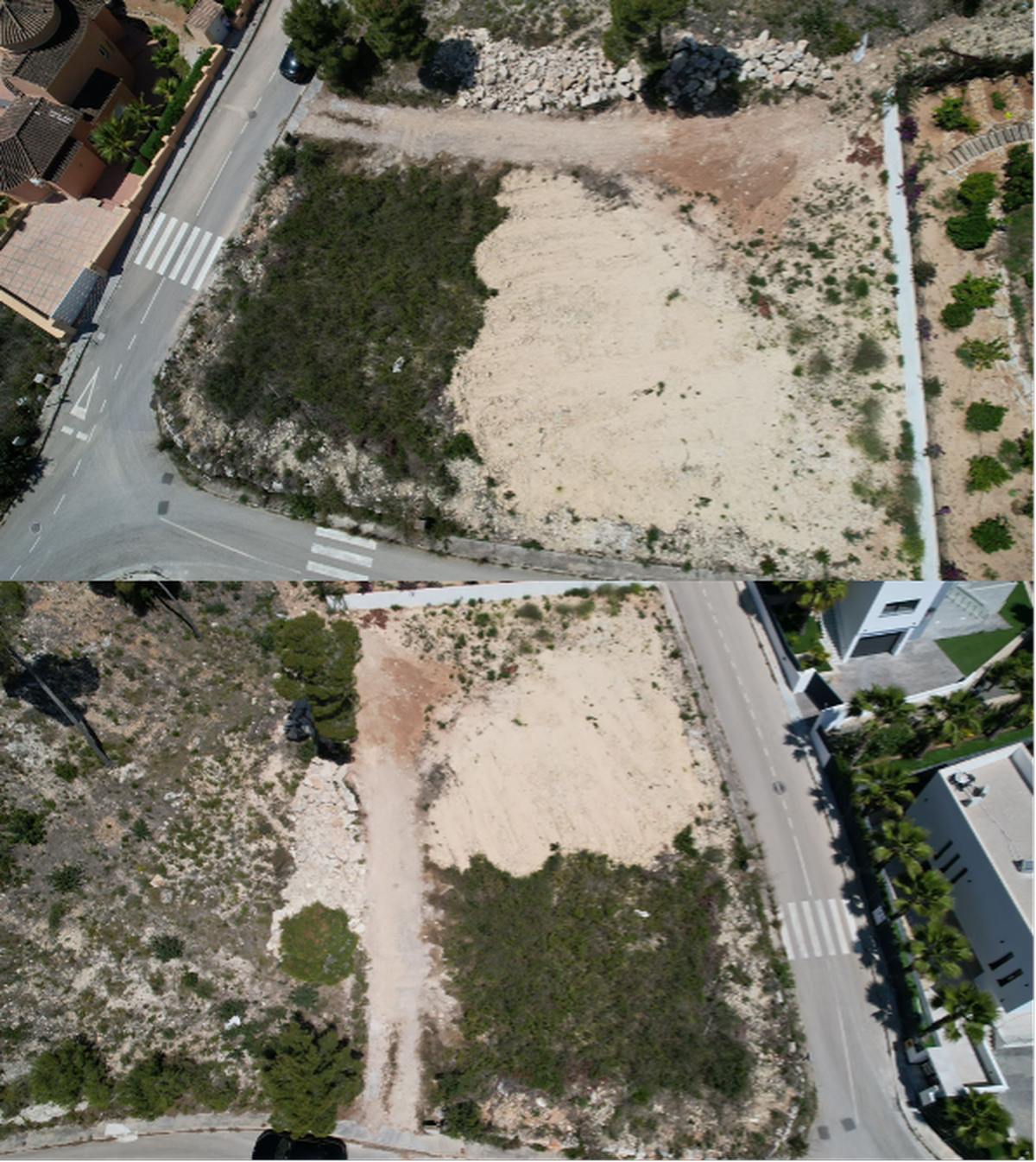 Vista aérea de una parcela residencial en esquina con zona despejada para construcción y vegetación natural, situada junto a calles asfaltadas y villas modernas.