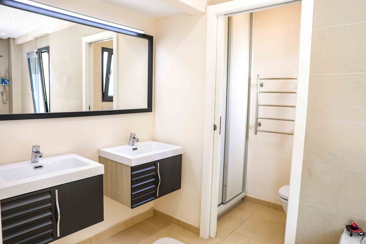 Baño moderno con lavabo doble, muebles de color oscuro, un gran espejo con marco negro y acceso a una zona de aseo independiente con toallero térmico.