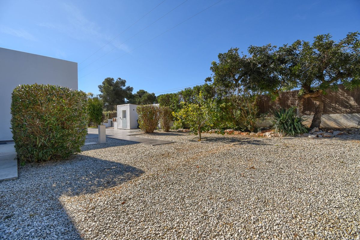 Jardín paisajístico con suelo de grava clara, pasarela de madera y vegetación mediterránea que incluye cítricos y arbustos maduros bajo un cielo despejado.