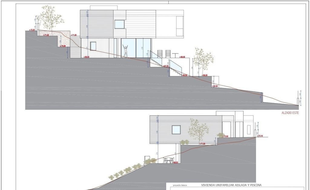 Alzado arquitectónico de una villa moderna en terreno inclinado, con volúmenes volados y niveles escalonados que integran escaleras exteriores y vegetación.