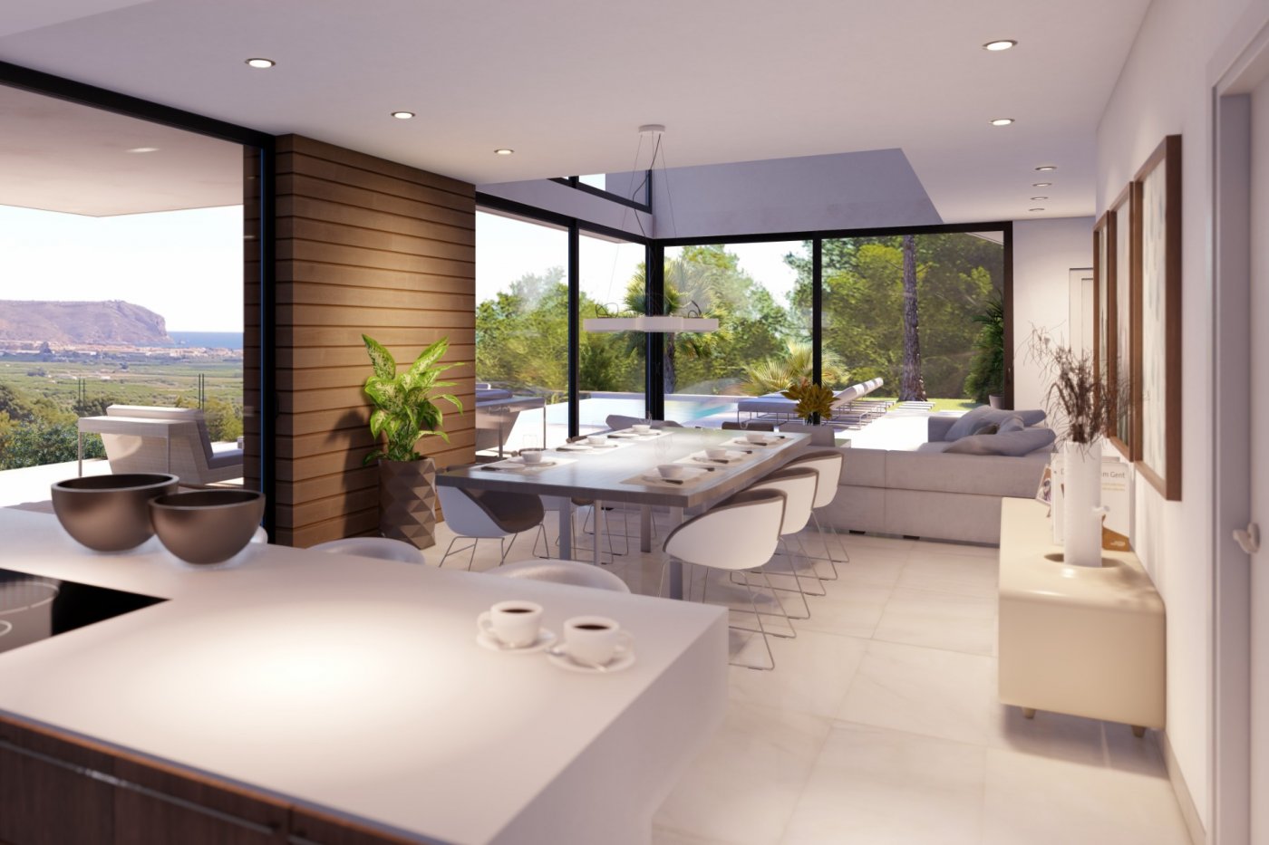 Comedor de planta abierta con mesa para ocho comensales, pared de madera y amplios ventanales con vistas a la piscina y al paisaje montañoso.