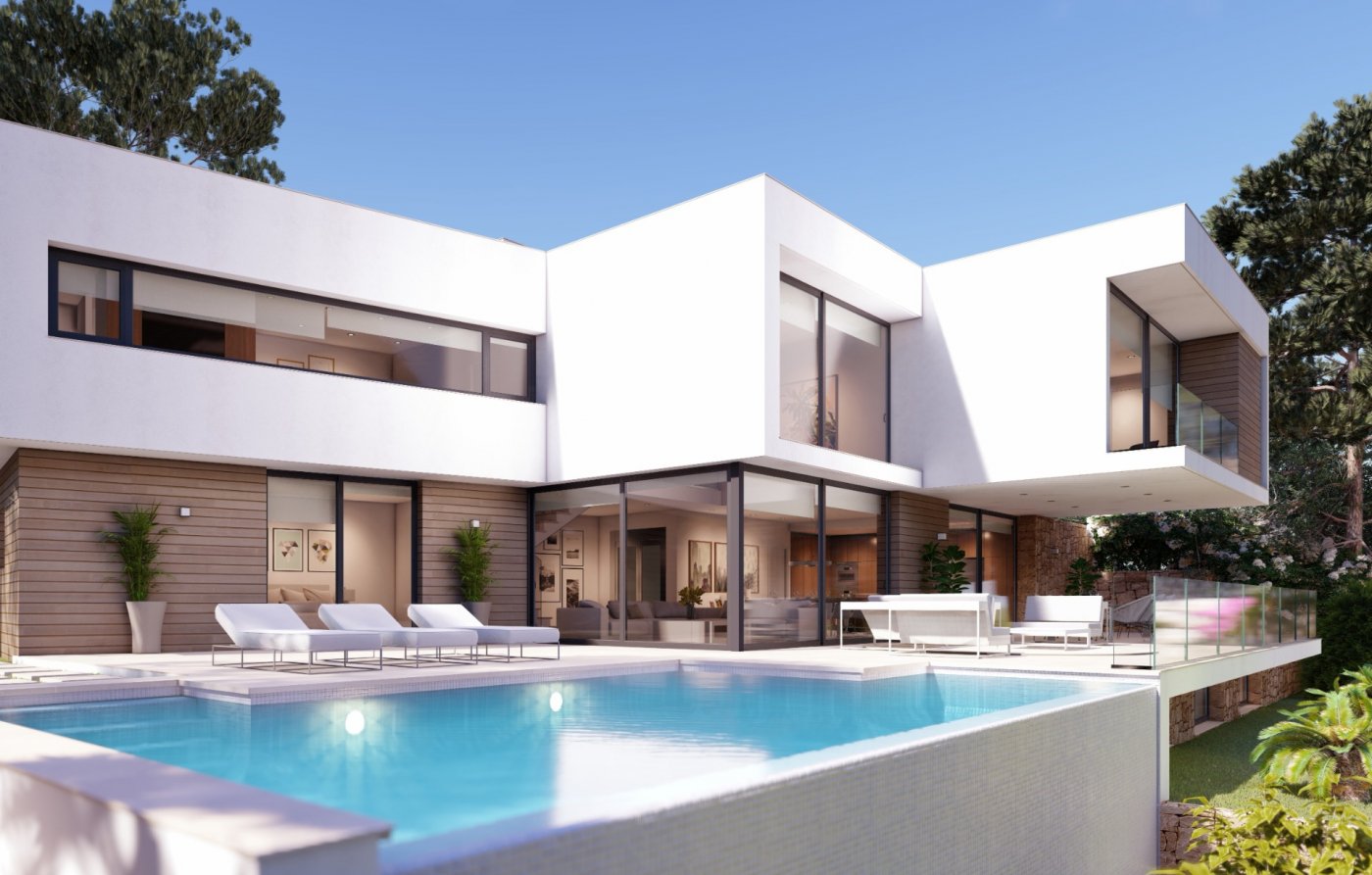 Exterior de villa moderna con volúmenes cubistas blancos, detalles en madera y piscina infinita. La terraza cuenta con tumbonas y amplios ventanales de suelo a techo.