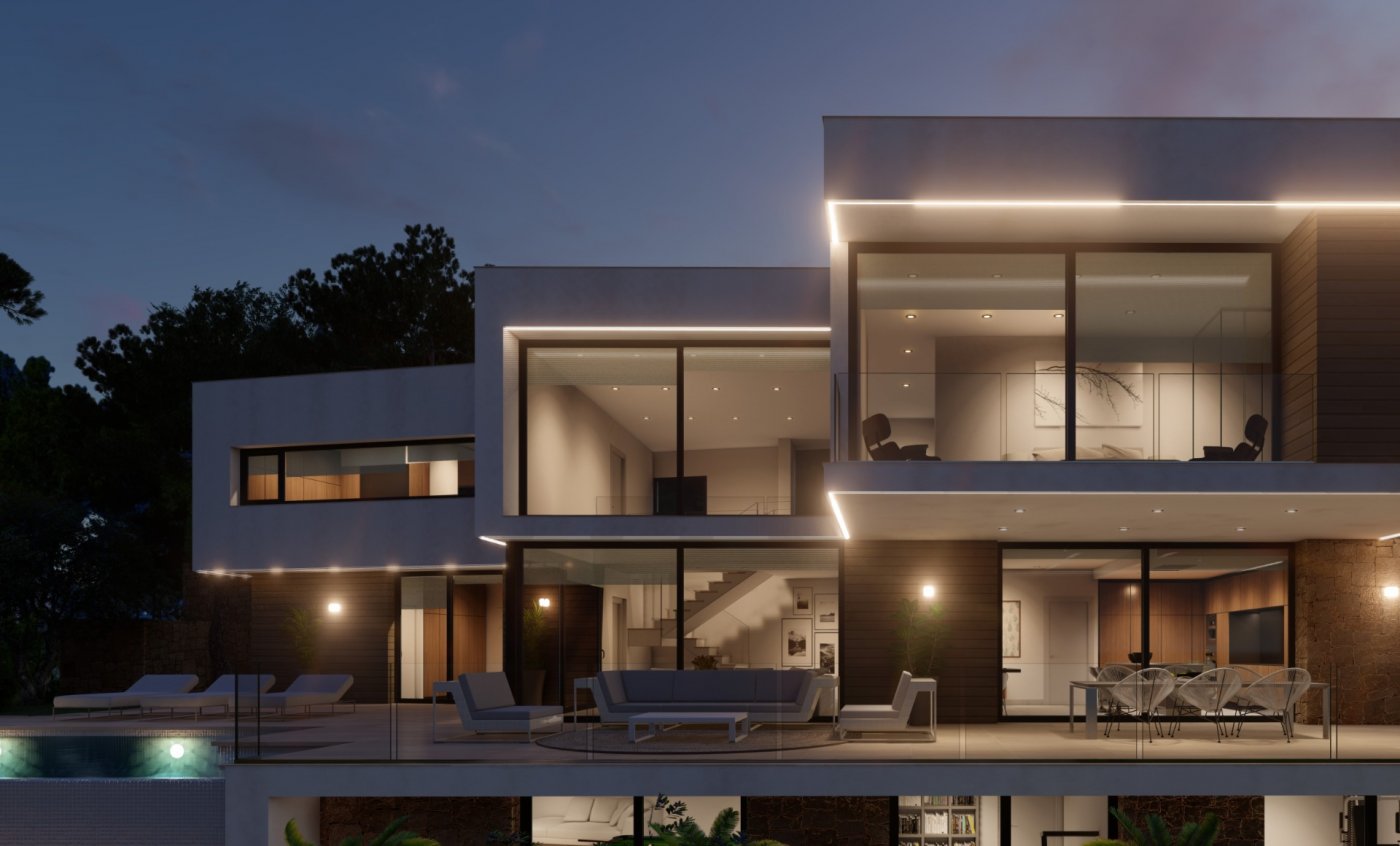 Fachada de villa moderna de varios niveles al anochecer con iluminación LED integrada, amplios ventanales, terraza con mobiliario de exterior y vista de la escalera interior.