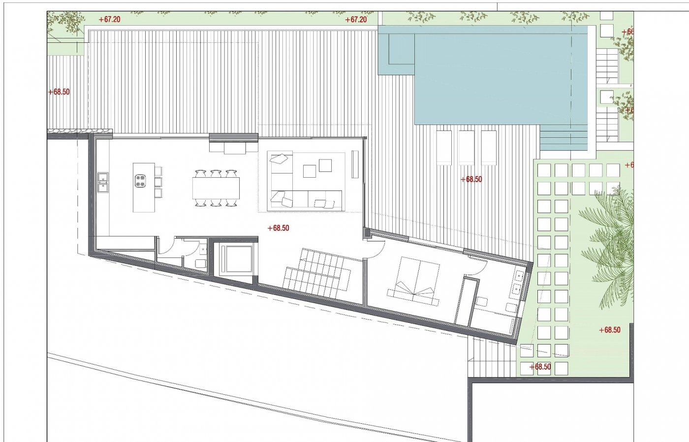Plano arquitectónico detallado que incluye cocina abierta, salón, suite principal y una amplia terraza exterior con piscina privada y tarima de madera.