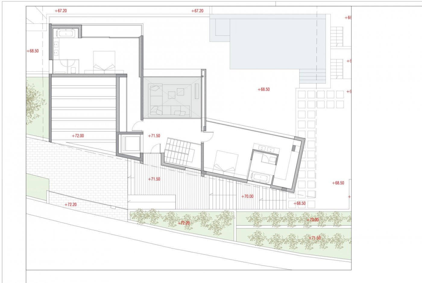 Plano arquitectónico detallado que muestra dos suites con baño, zona de estar central y una amplia terraza con piscina privada y cotas de nivel.