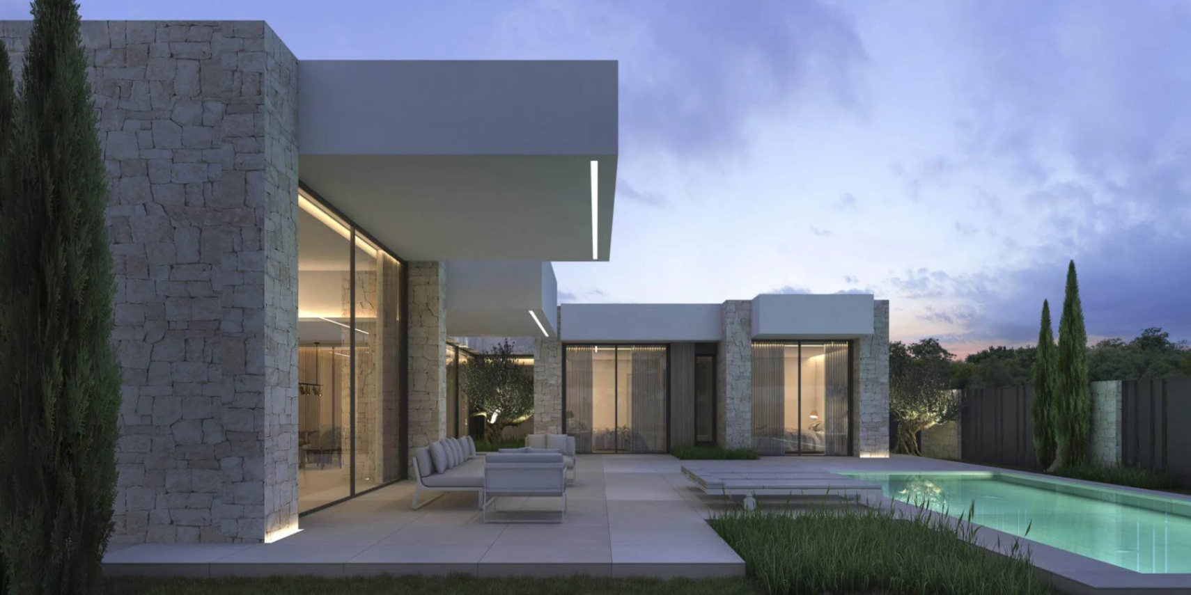 Exterior de villa moderna con muros de piedra seca, techos en voladizo con iluminación LED, terraza de gres con mobiliario y piscina al atardecer.