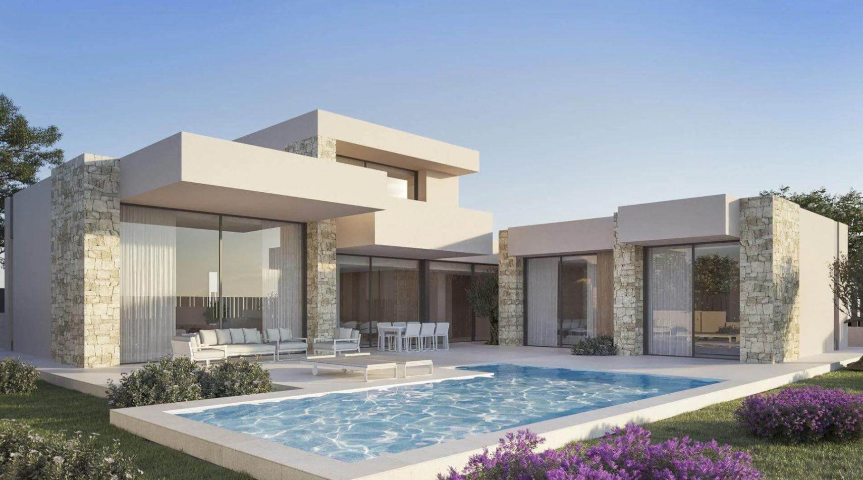 Exterior de villa moderna con piscina privada, muros de piedra natural y amplios ventanales. Incluye zona de estar y comedor exterior sobre terraza pavimentada.