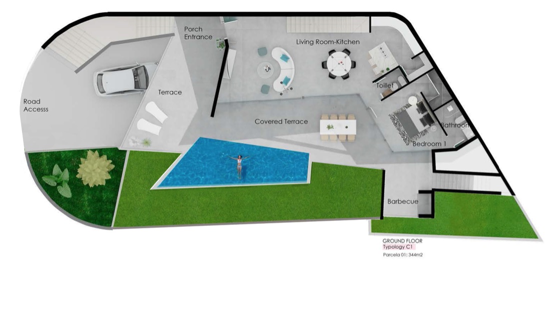 Plano detallado de la planta baja que muestra un salón-comedor abierto, dormitorio principal, terraza cubierta y piscina privada en una parcela de 344m2.