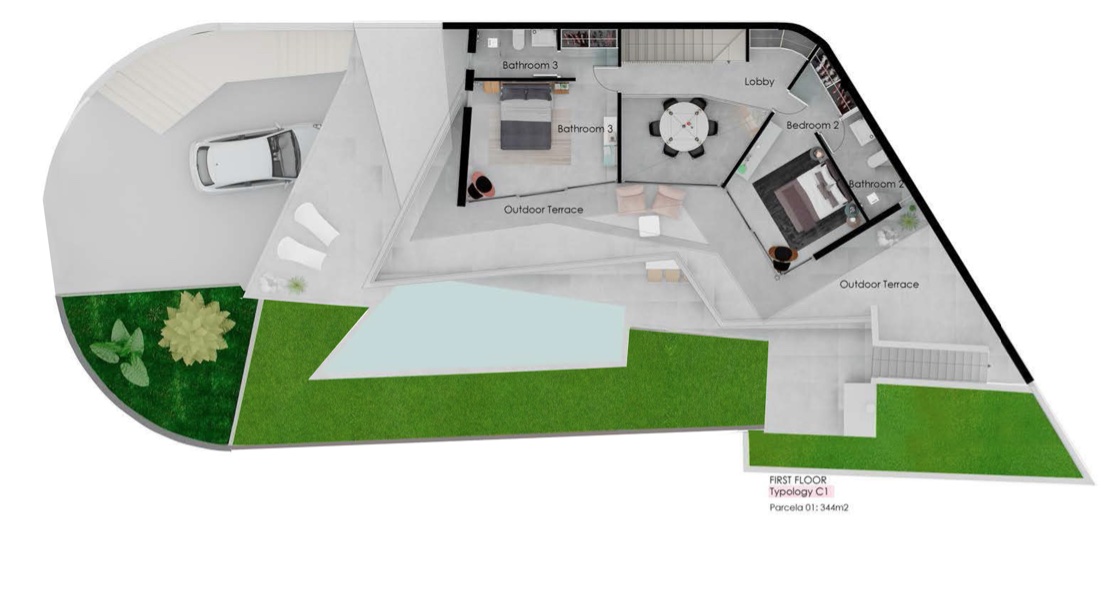 Plano detallado de la primera planta que incluye dos dormitorios con baño privado, un vestíbulo central y amplias terrazas exteriores con piscina y zonas verdes.