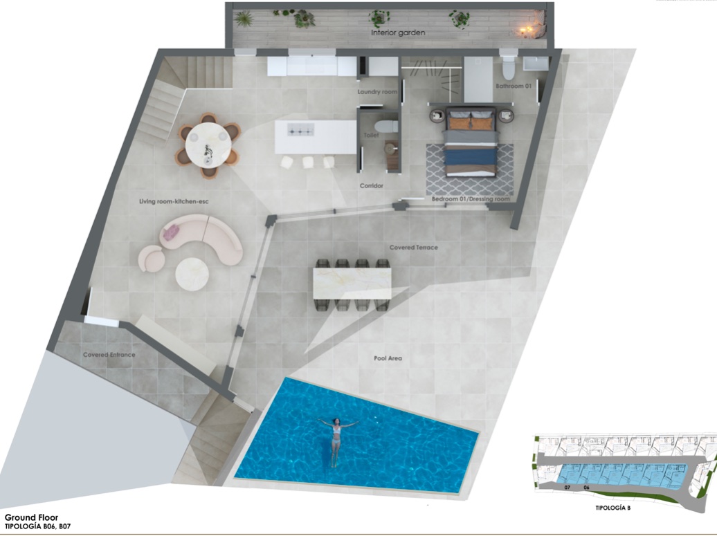 Plano detallado de planta baja con salón-comedor diáfano, suite principal con vestidor y una amplia terraza cubierta con piscina privada de diseño geométrico.