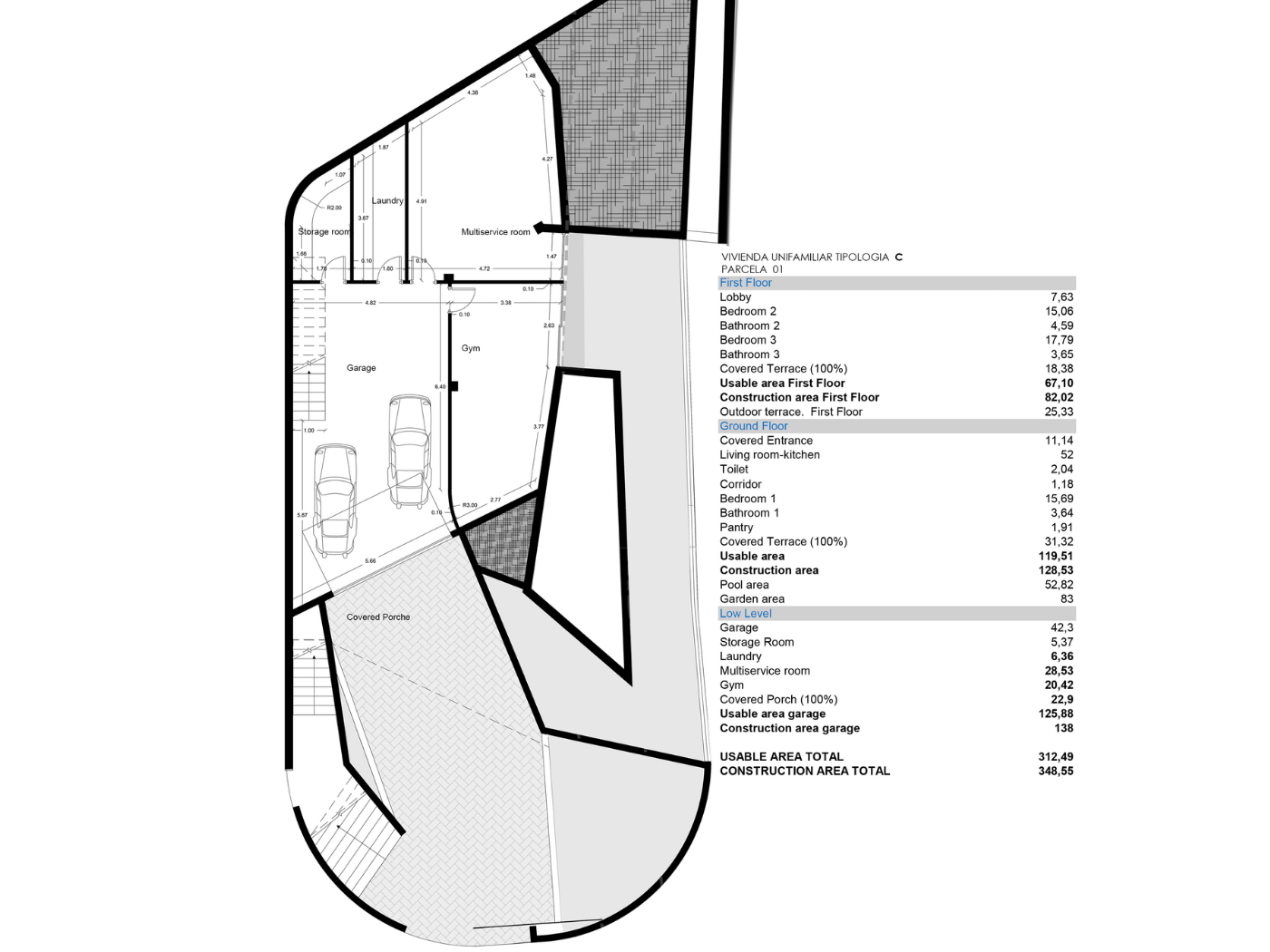 Plano técnico del nivel inferior que detalla el garaje para dos vehículos, gimnasio, lavandería y áreas de almacenamiento con cuadro de superficies.