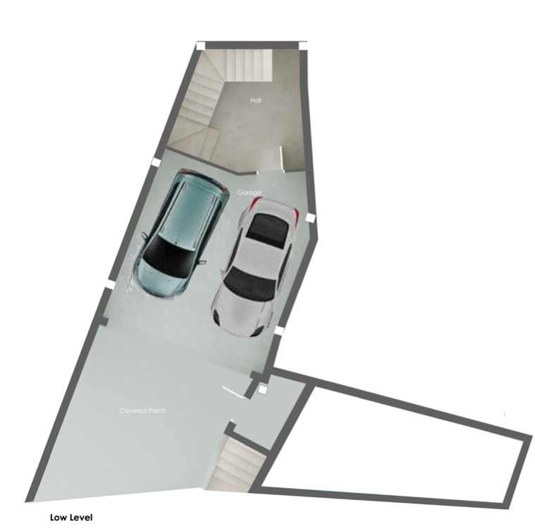 Plano arquitectónico de la planta baja que incluye un garaje doble, un porche cubierto y un vestíbulo con escalera de acceso.