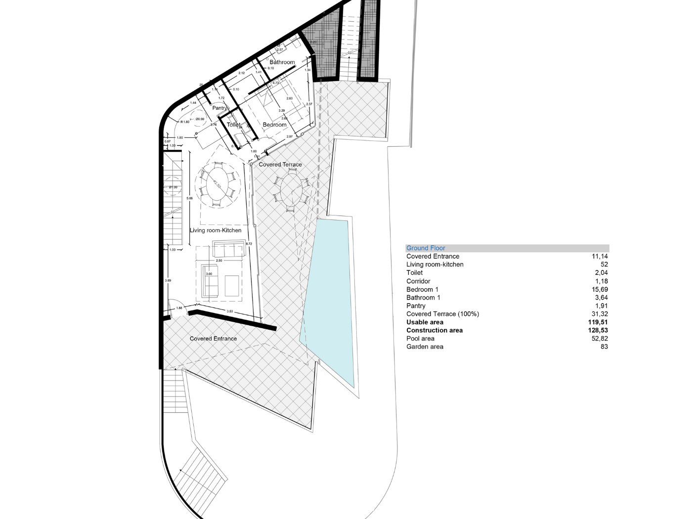 Plano detallado de la planta baja que incluye salón-comedor-cocina, un dormitorio con baño y una amplia terraza cubierta junto a la zona de piscina.