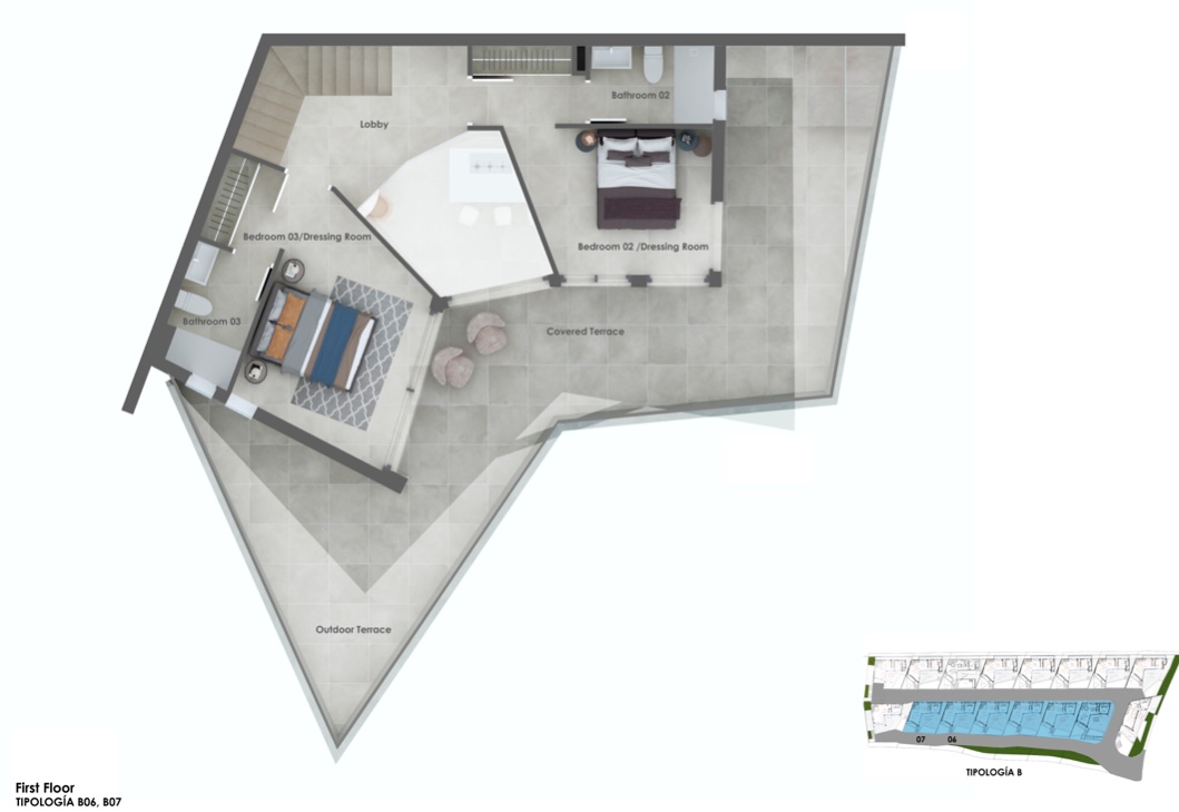 Plano detallado de la primera planta que incluye dos dormitorios con baños en suite, vestidores y una amplia terraza exterior de diseño triangular.