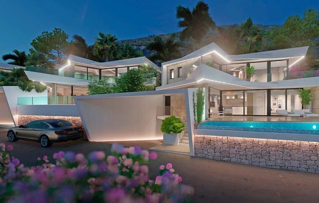 Villa moderna de varios niveles con arquitectura blanca angular, iluminación LED integrada, piscina infinita y muros de piedra natural bajo un cielo crepuscular.