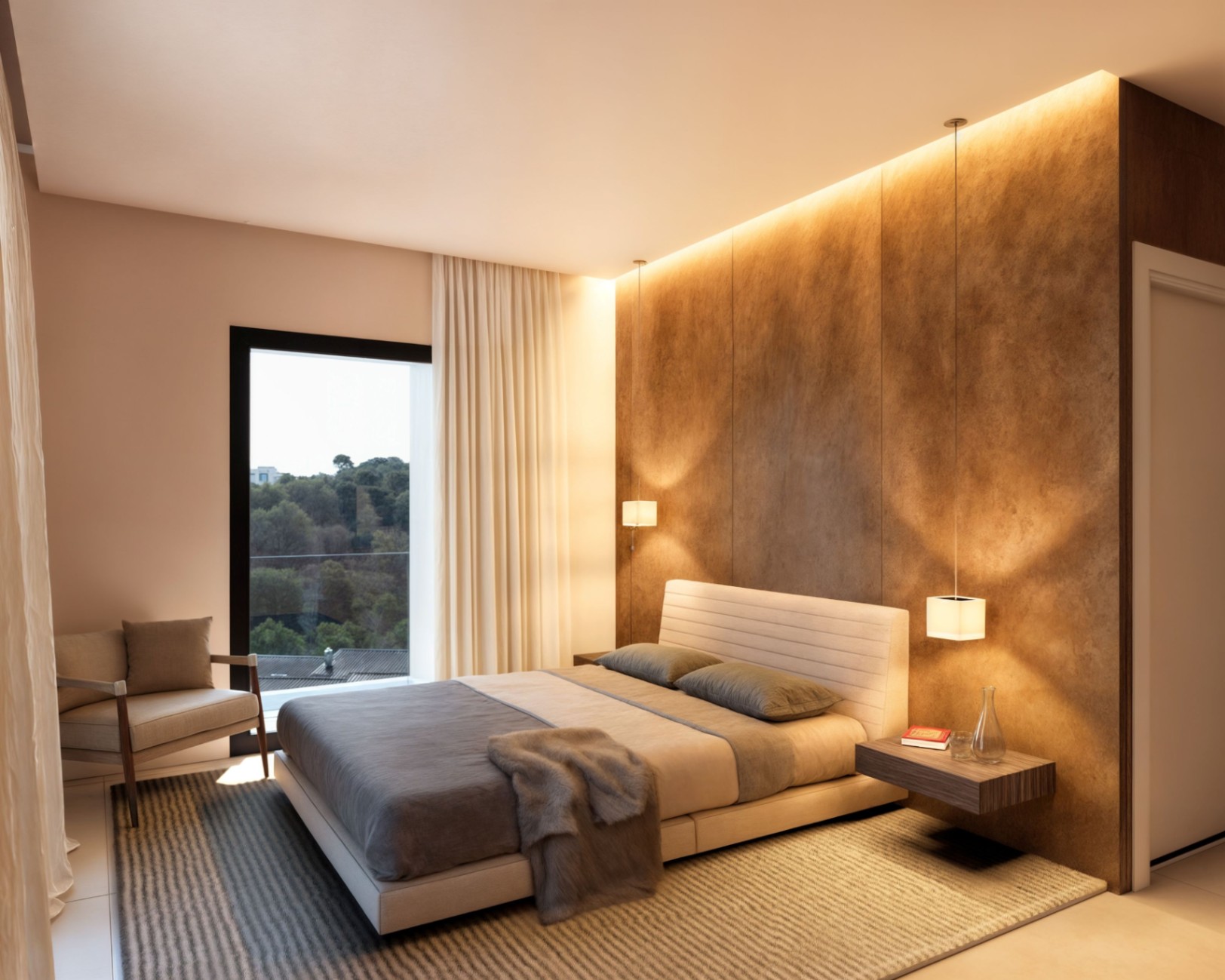 Dormitorio moderno con pared de acento texturizada en tonos tierra, iluminación LED integrada, mesitas de noche flotantes y vistas al bosque a través del ventanal.
