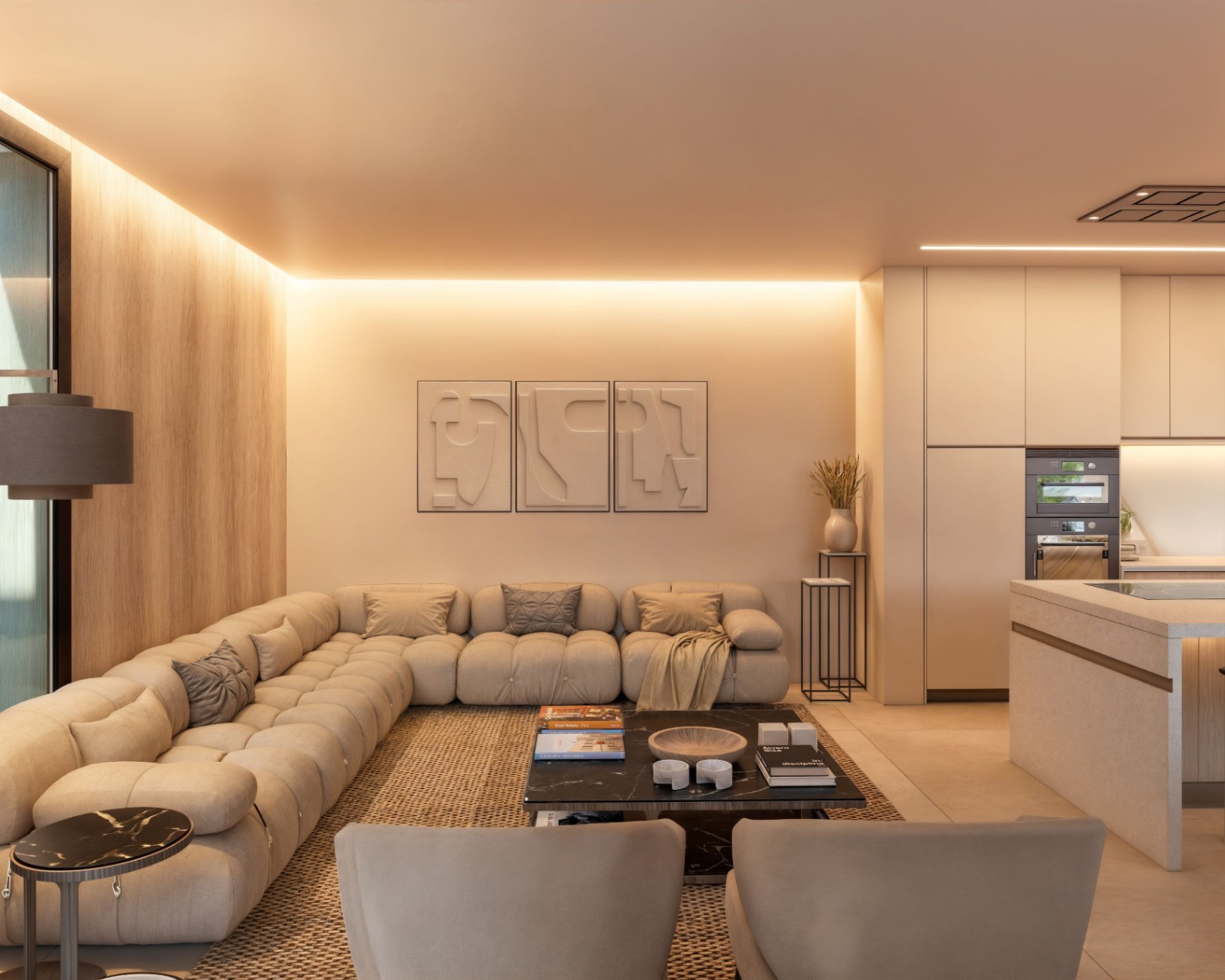 Salón de concepto abierto con sofá modular capitoné, mesa de mármol negro y cocina integrada con iluminación LED perimetral y panelado de madera natural.