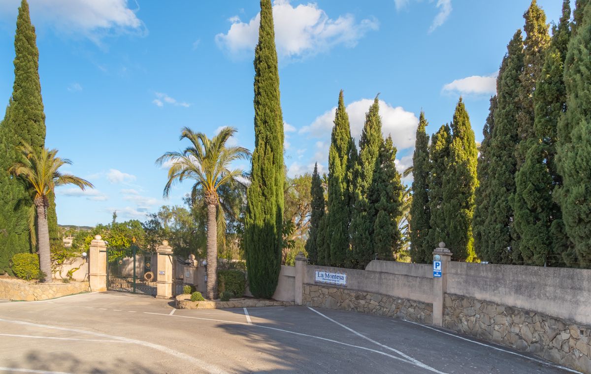 Entrada a La Montesa con portón de hierro forjado, muros perimetrales de piedra y acceso pavimentado flanqueado por cipreses y palmeras.