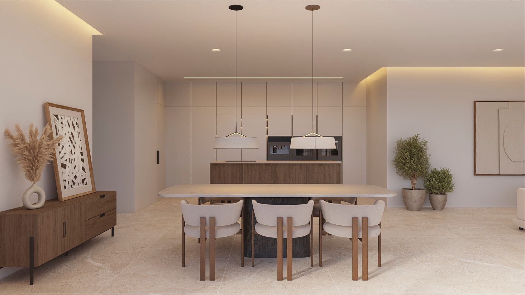 Comedor de concepto abierto con mesa de piedra, cocina minimalista integrada y suelos de piedra natural iluminados por foseados LED y lámparas colgantes.