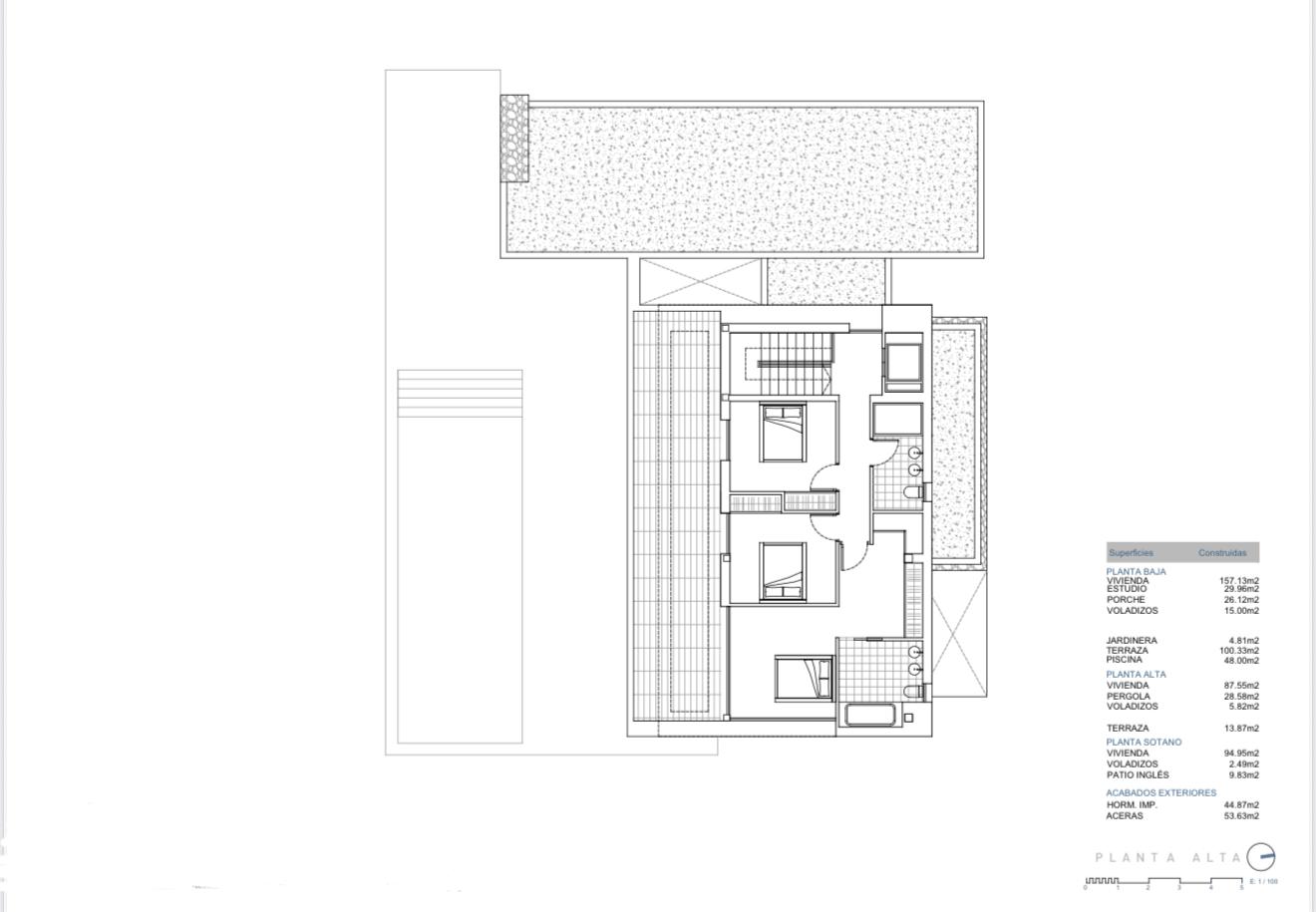 Plano técnico de la planta alta detallando la distribución de dormitorios, baños y terraza, junto a una tabla de superficies construidas por niveles.