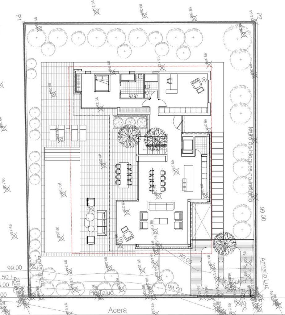 Plano técnico de planta que detalla la distribución de una villa con piscina, terraza exterior, salón-comedor diáfano, cocina con isla y zona ajardinada.