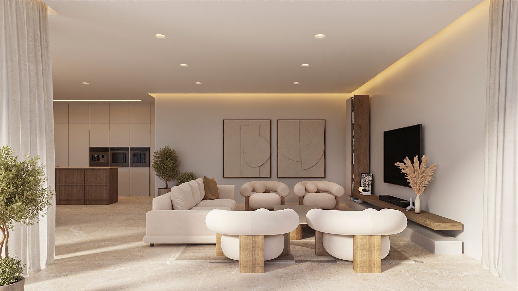 Salón de planta abierta con sillones esculturales, sofá neutro y mueble de TV flotante. La estancia conecta con una cocina minimalista de isla en madera oscura y suelos de piedra.