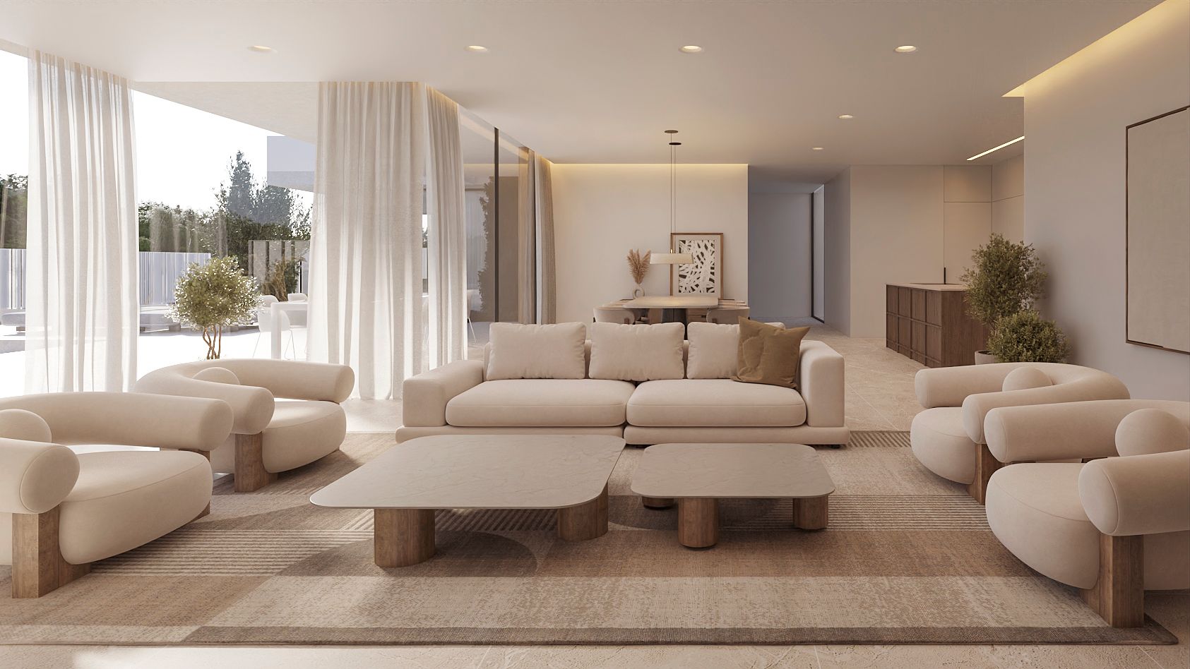 Salón diáfano con sofás curvos en tonos crema, mesas de centro de piedra y grandes ventanales con cortinas traslúcidas que conectan con el exterior.
