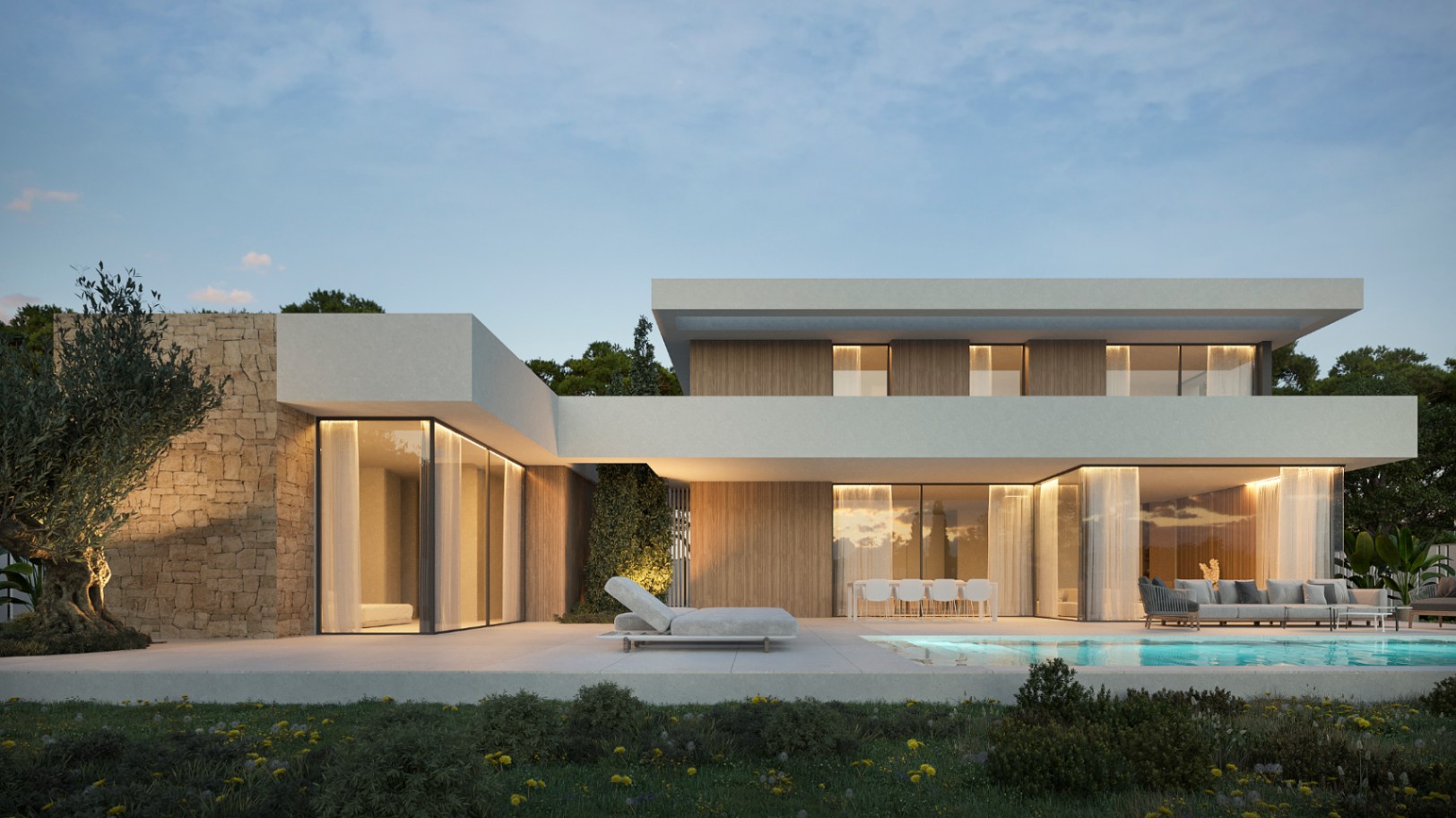Villa contemporánea en forma de L con fachadas de madera y piedra natural, amplios ventanales y una zona exterior con piscina, comedor y salón de verano.
