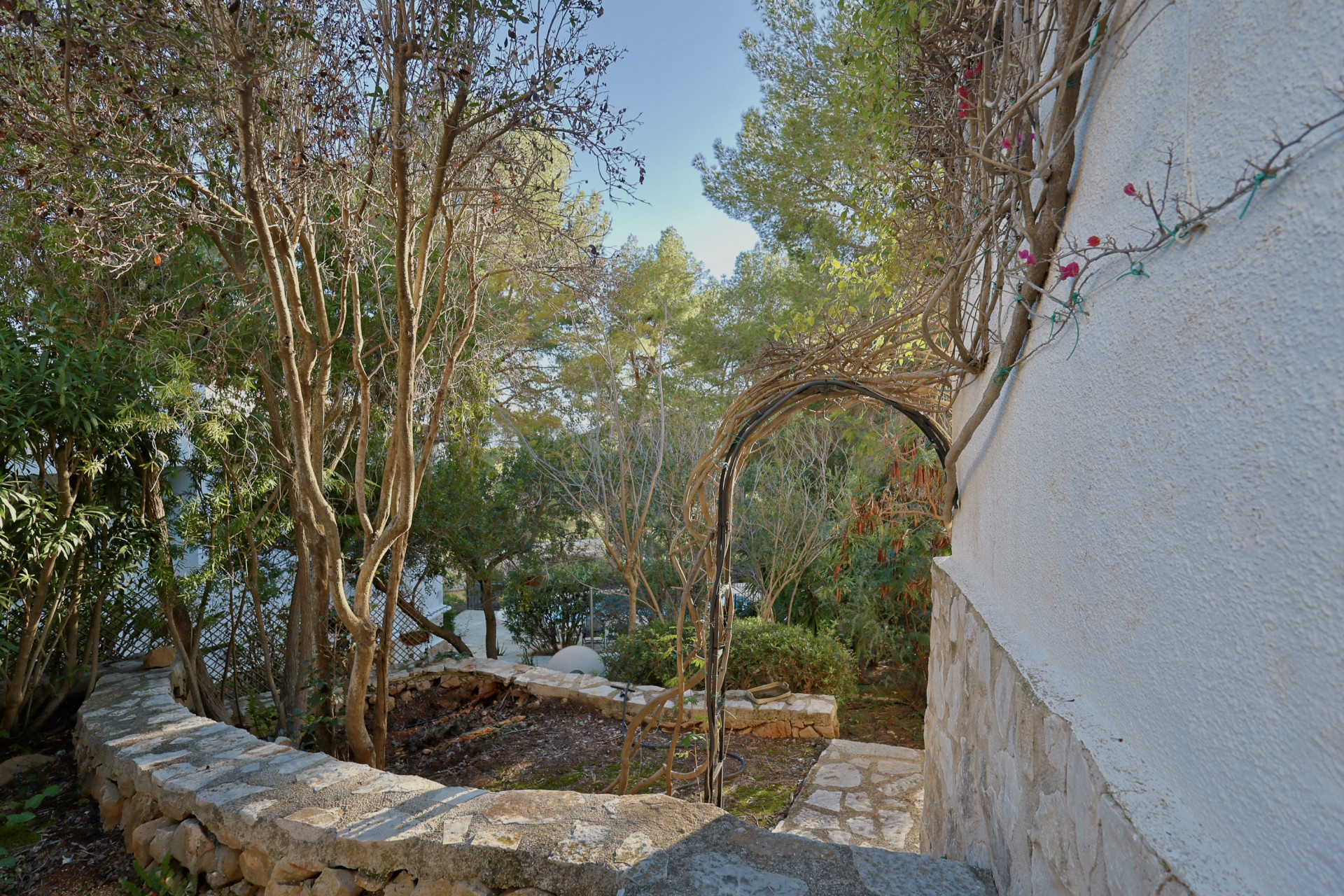 Jardín mediterráneo con muretes de piedra natural, arco metálico para trepadoras y vegetación madura junto a una fachada blanca texturizada.