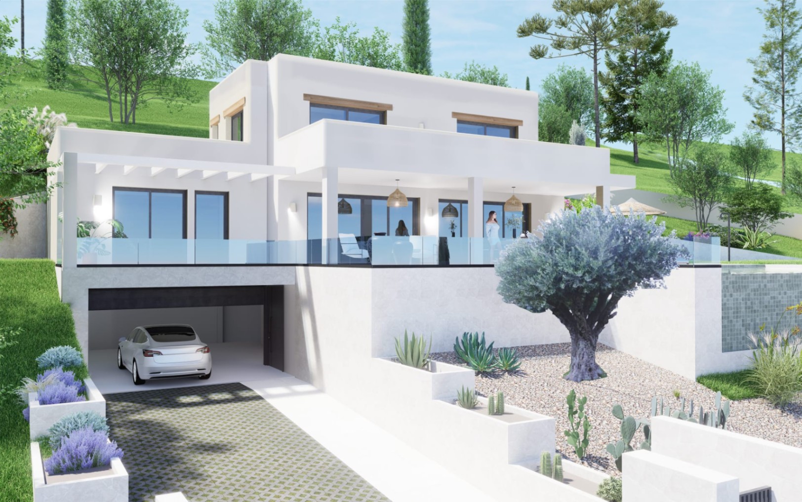 Fachada de villa moderna con garaje integrado, terraza con barandillas de vidrio y paisajismo mediterráneo que incluye olivos y plantas suculentas.